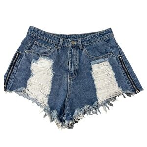 SHEIN Distressed Zip-Trim Denim Shorts - Blue
